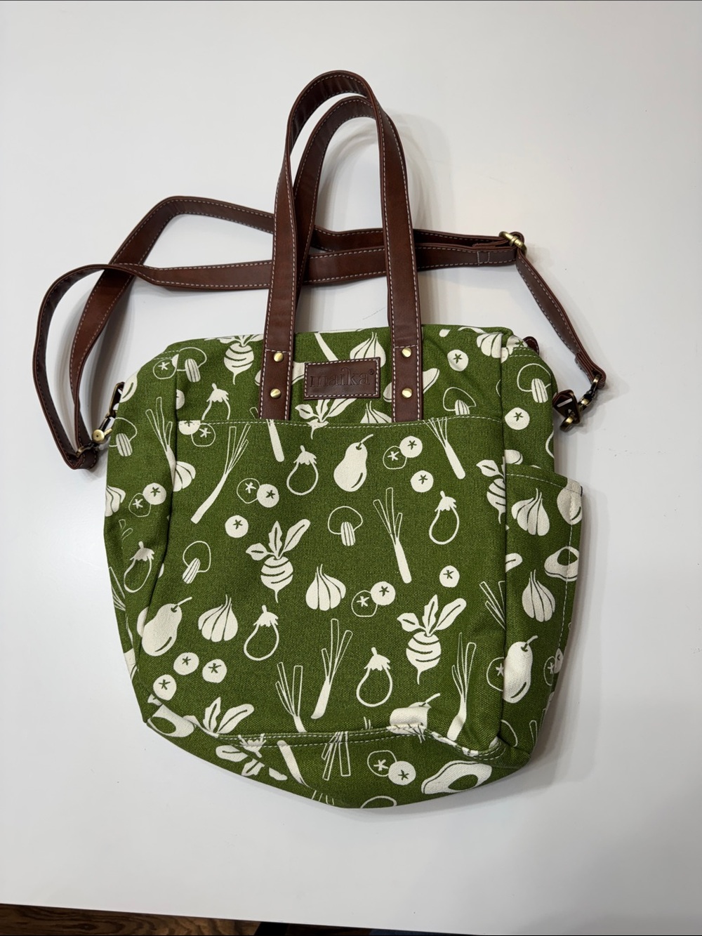 Maika Green Vegetable-Print Canvas Tote with Brown Handles
